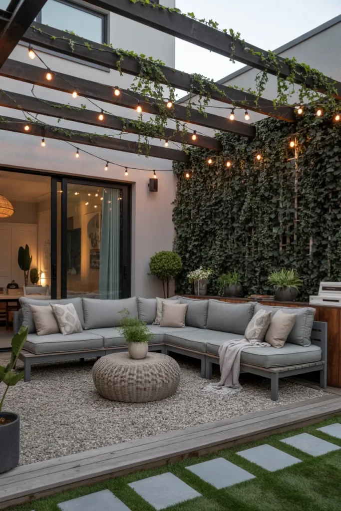 20 Dreamy Outdoor Escapes Cozy Patios and Pergola Ideas 11 6. Cozy Pergola Lounge with Ivy and Fairy Lights
