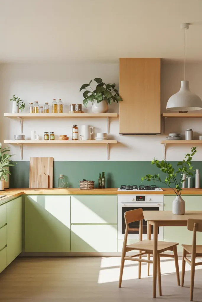 6. Minimal Green Kitchen Shelves