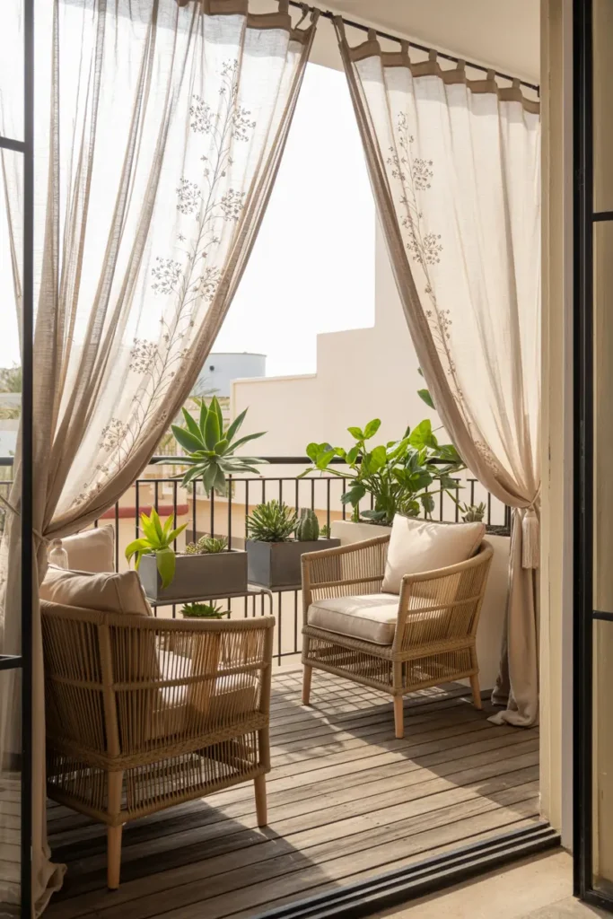 6. Sunlit Balcony Nook with Wicker Armchairs