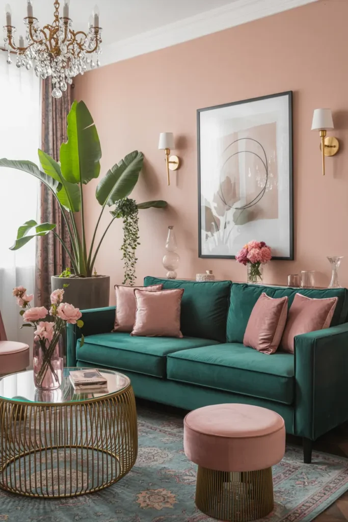 20 Stylish Living Room Ideas for Cozy & Modern Homes 11 6. Teal Velvet Pink Paradise