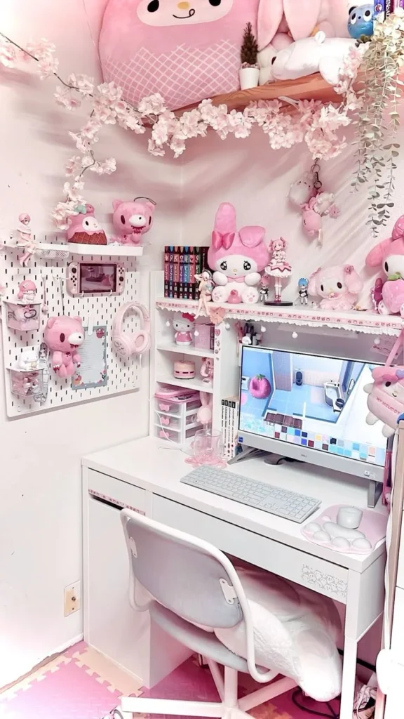 Cute Pastel Pink Kawaii Desk Setup with Plants