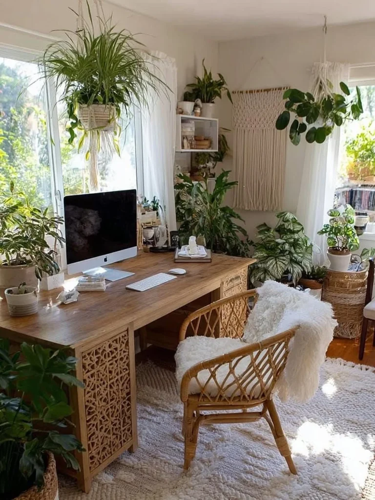 Boho Minimalist Home Office with Greenery and Art