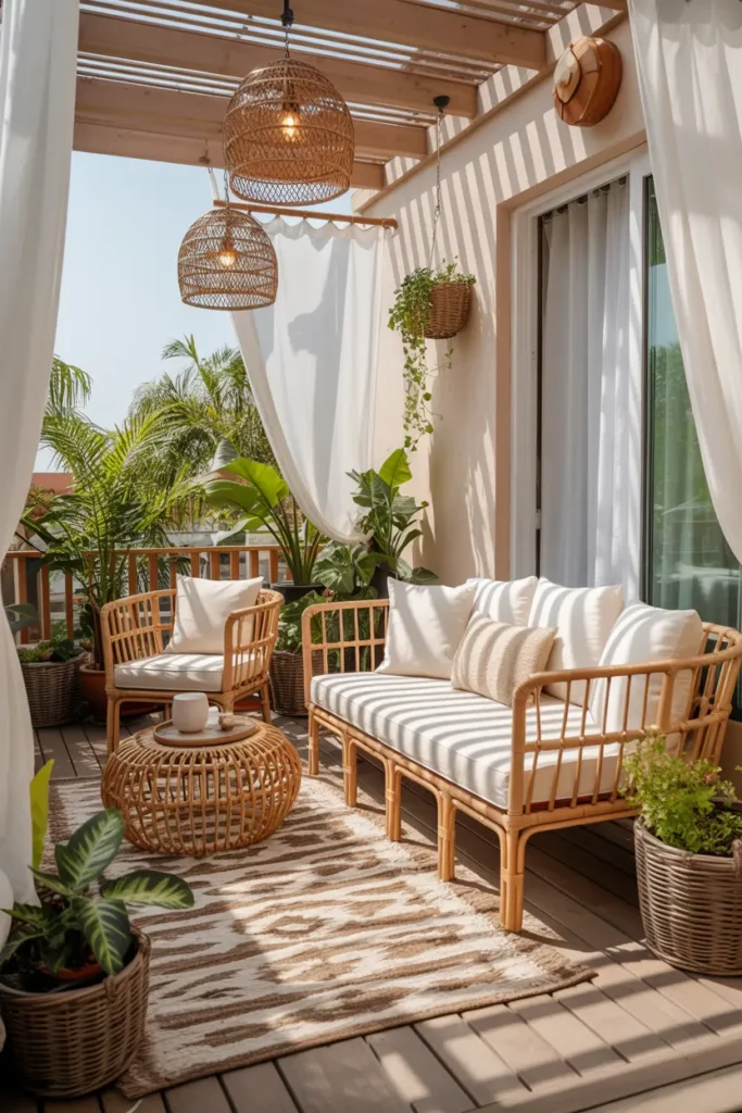 7. Bohemian Pergola Seating with Rattan Furniture