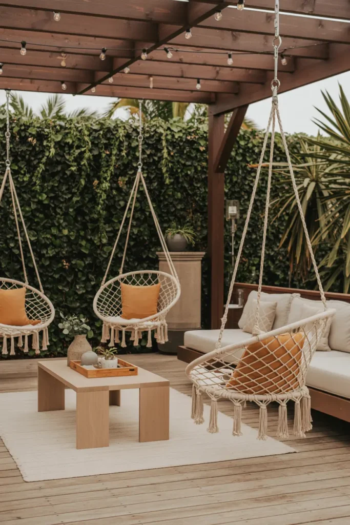 20 Dreamy Outdoor Escapes Cozy Patios and Pergola Ideas 13 7. Bohemian Pergola with Macrame Hanging Chairs
