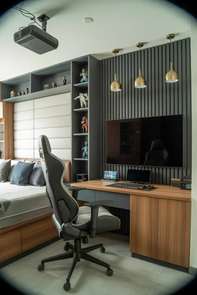 20 Budget Friendly Game Room Setup Ideas 13 7. Modern Gamer Bedroom with Projector Setup