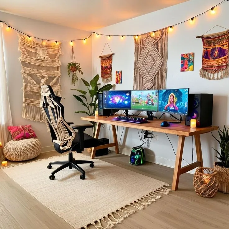 Cozy Boho Gaming Setup with Warm Lighting