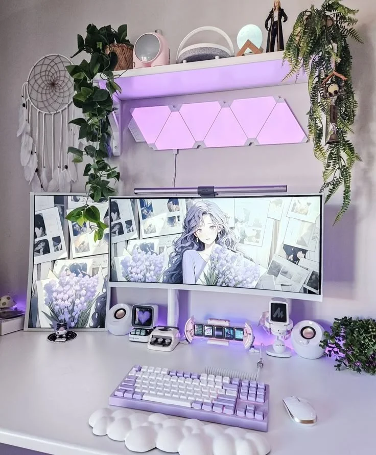 Modern Corner Desk Setup with Purple Lighting and Plants