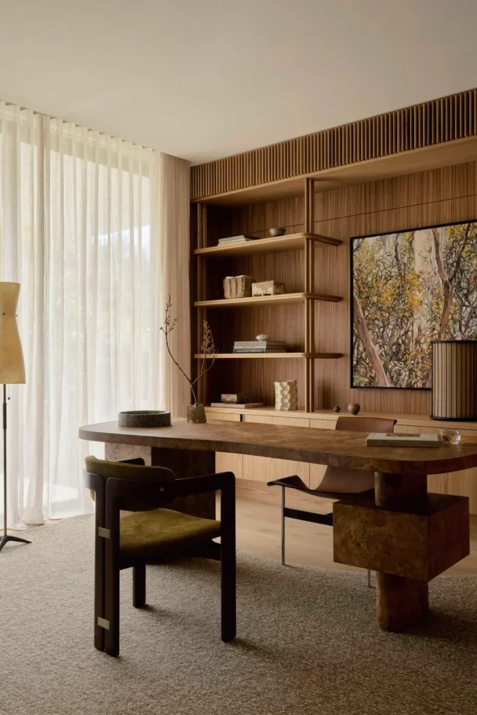 Modern Minimalist Home Office with Wooden Shelves