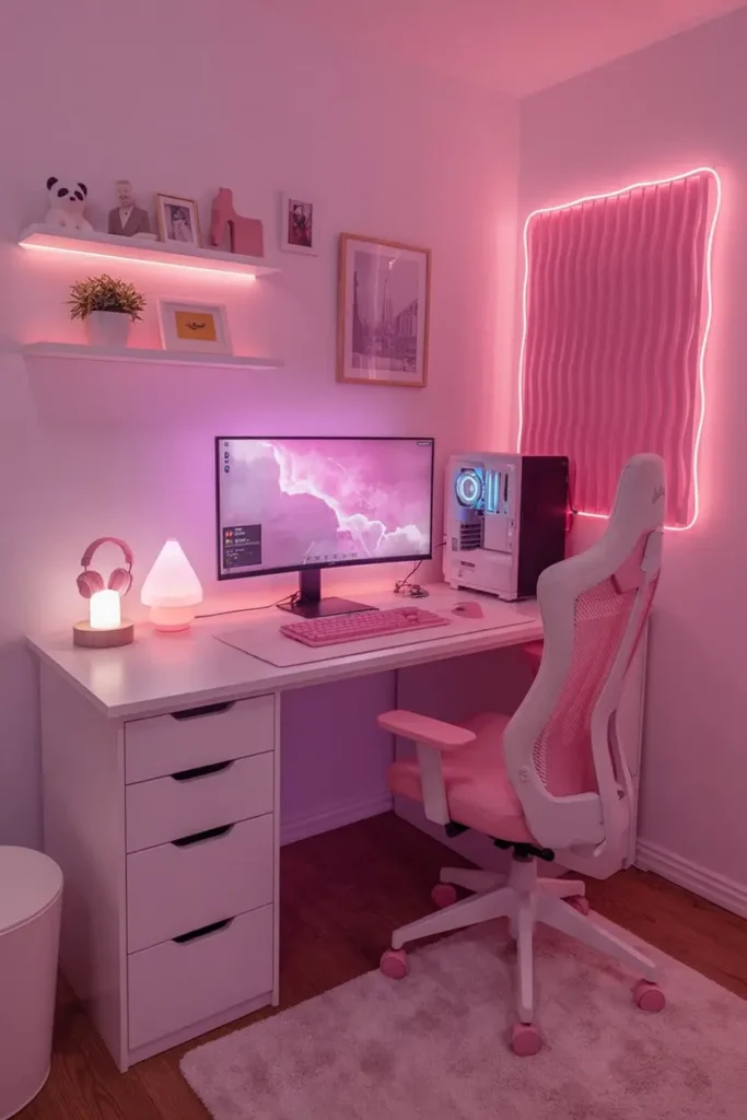 8. Dreamy Pastel Pink Gaming Desk Setup
