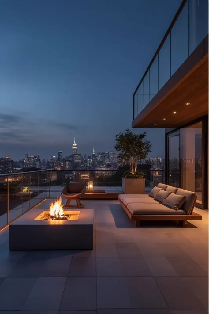 8. Rooftop Fire Pit Lounge with NYC Skyline Views