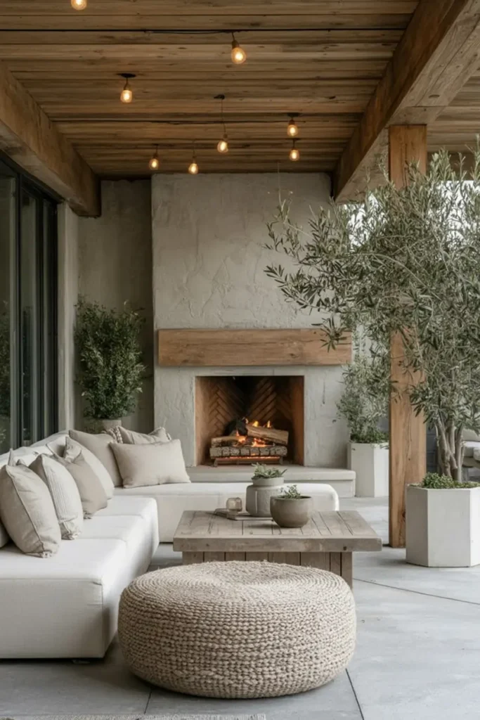 20 Dreamy Outdoor Escapes Cozy Patios and Pergola Ideas 15 8. Rustic Outdoor Fireplace Lounge with Edison Lights