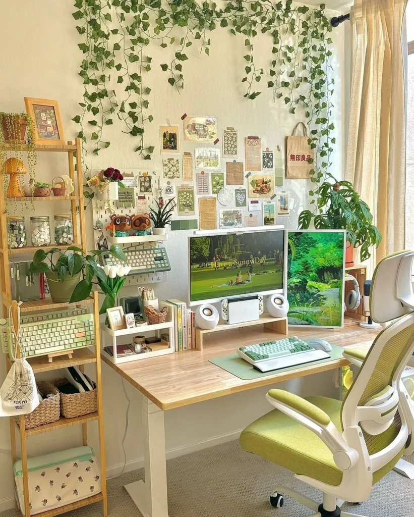 Cozy Farmhouse Home Office with Green Desk Setup