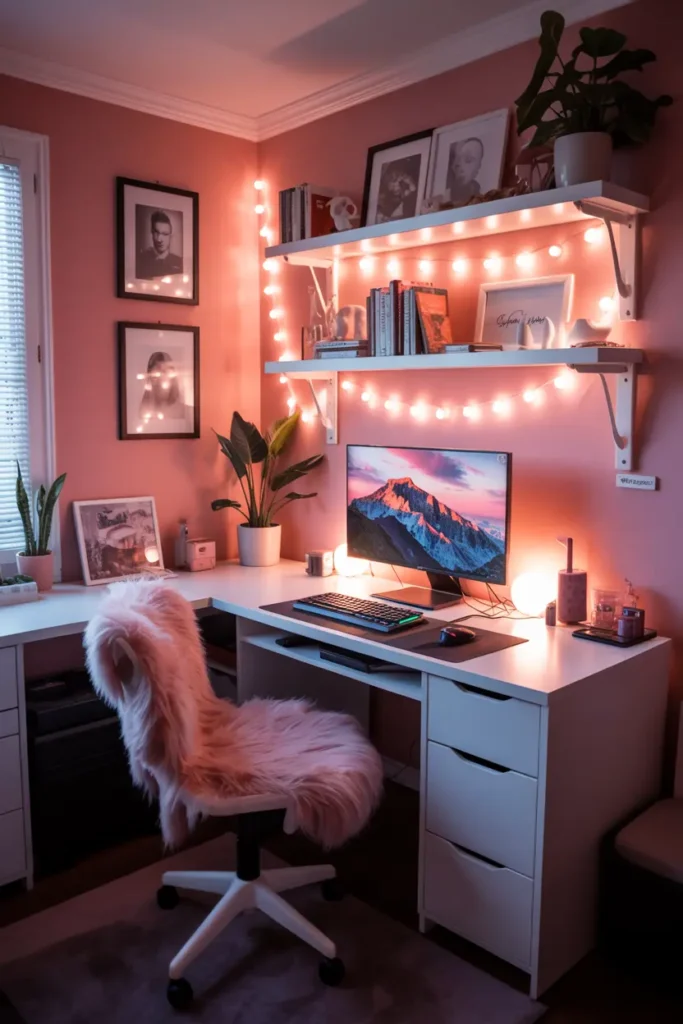 20 Budget Friendly Game Room Setup Ideas 17 9. Cozy Pink Aesthetic Desk with Fairy Lights
