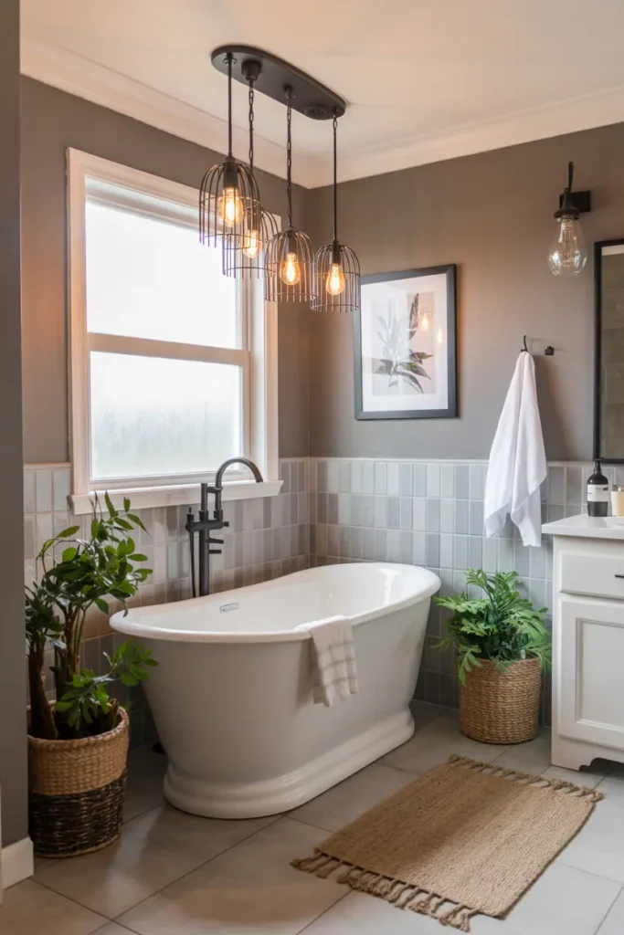 20 Dream Bathroom Designs to Refresh Your Interior 17 9. Industrial Taupe Tub Glow