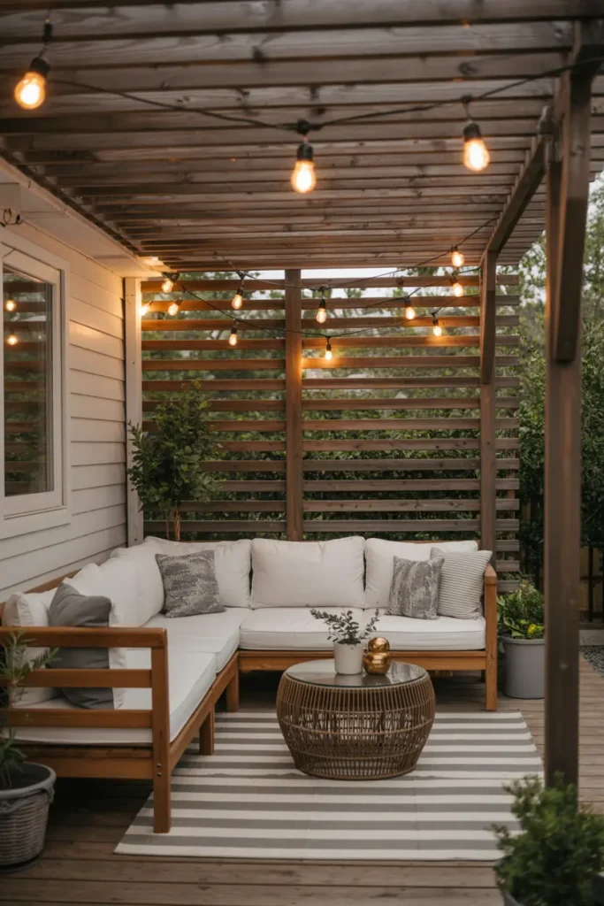 20 Dreamy Outdoor Escapes Cozy Patios and Pergola Ideas 17 9. Intimate Pergola Nook with String Lights and Wicker Table