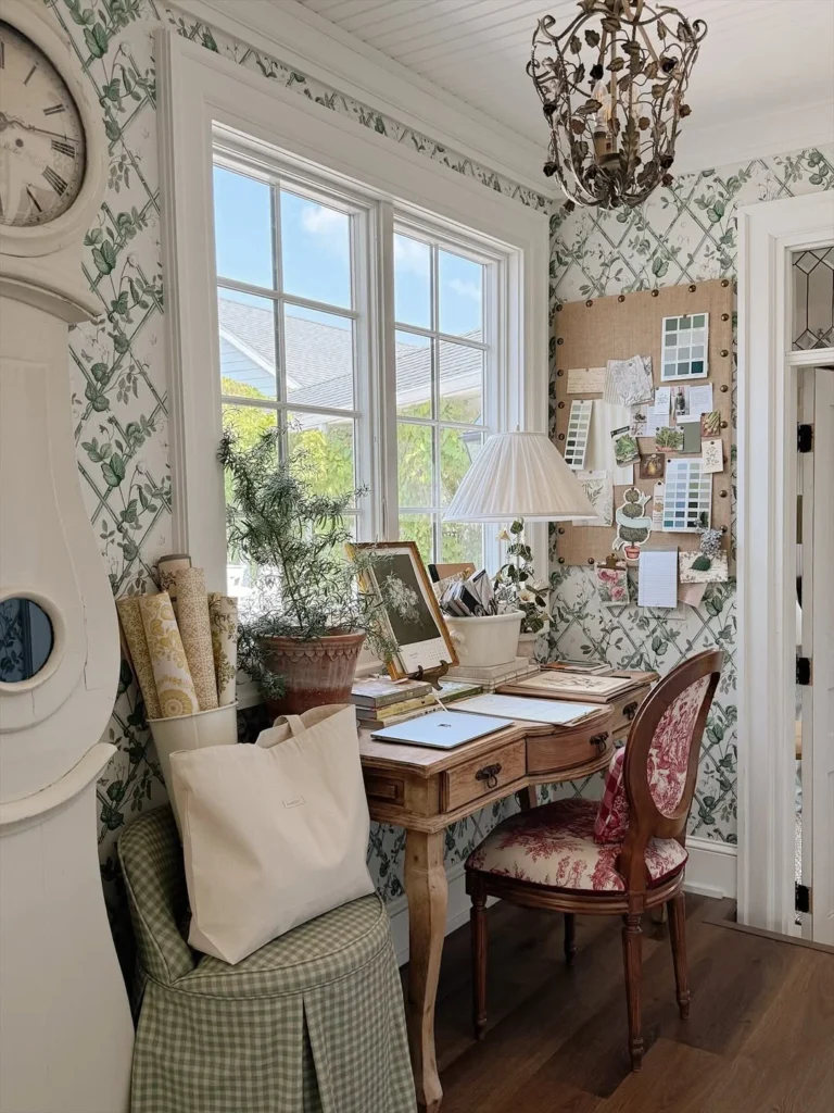 Cozy Botanical Home Office Nook with Window Seat