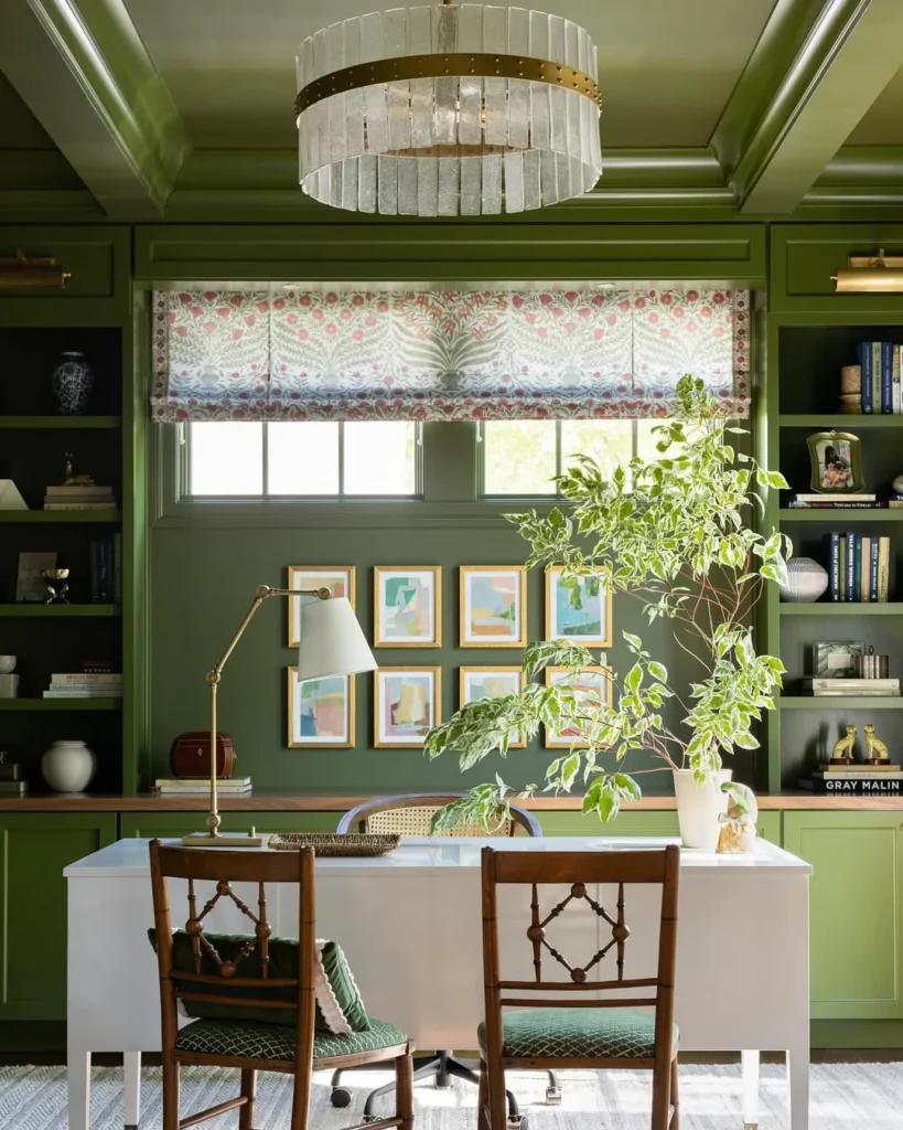Vintage Green Shelved Home Office Workspace