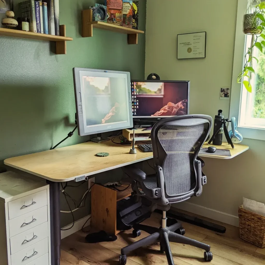 Vibrant Green Wall Home Office with Shelves