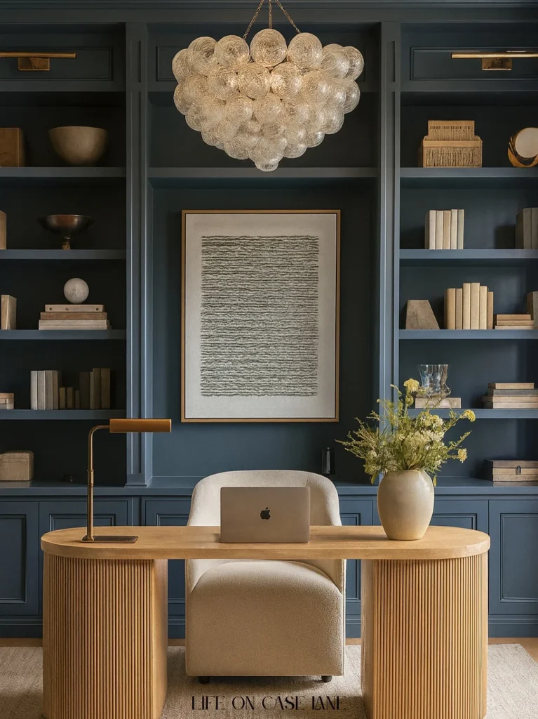 Contemporary Gray Home Office with Floating Shelves