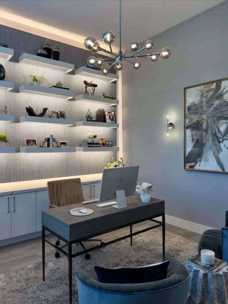 Sleek Modern Home Office with Backlit Shelves