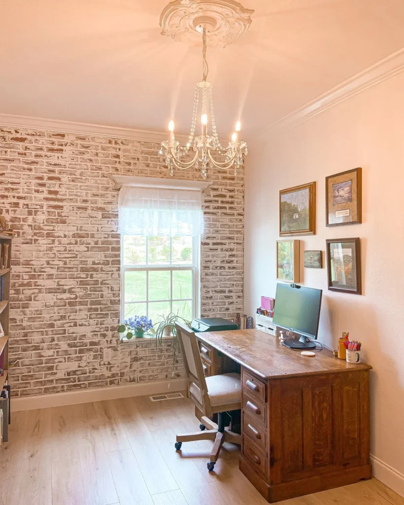 Rustic Wooden Home Office with Brick Wall Accent
