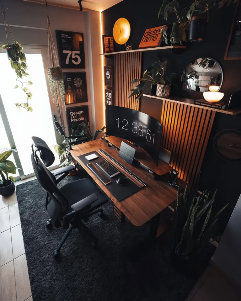 Moody Dark Modern Home Office with Plants