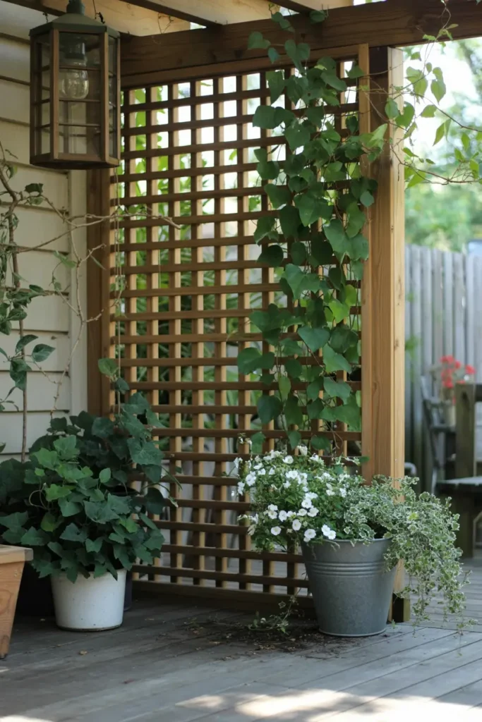 10. Vine Covered Wooden Trellis Patio