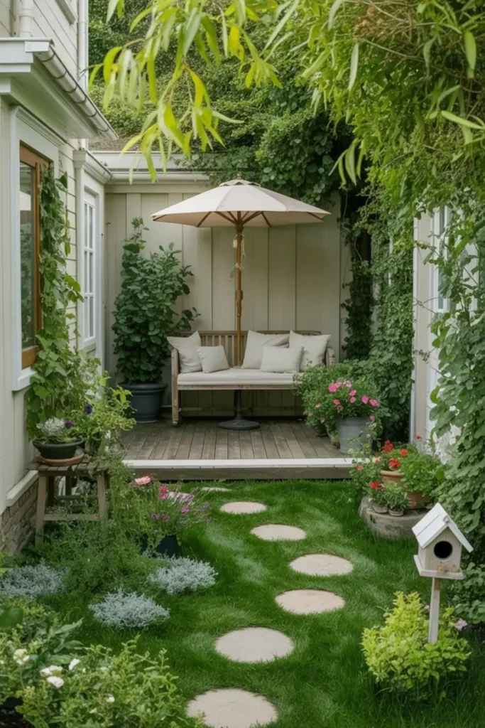11. Serene Garden Path Bench Retreat