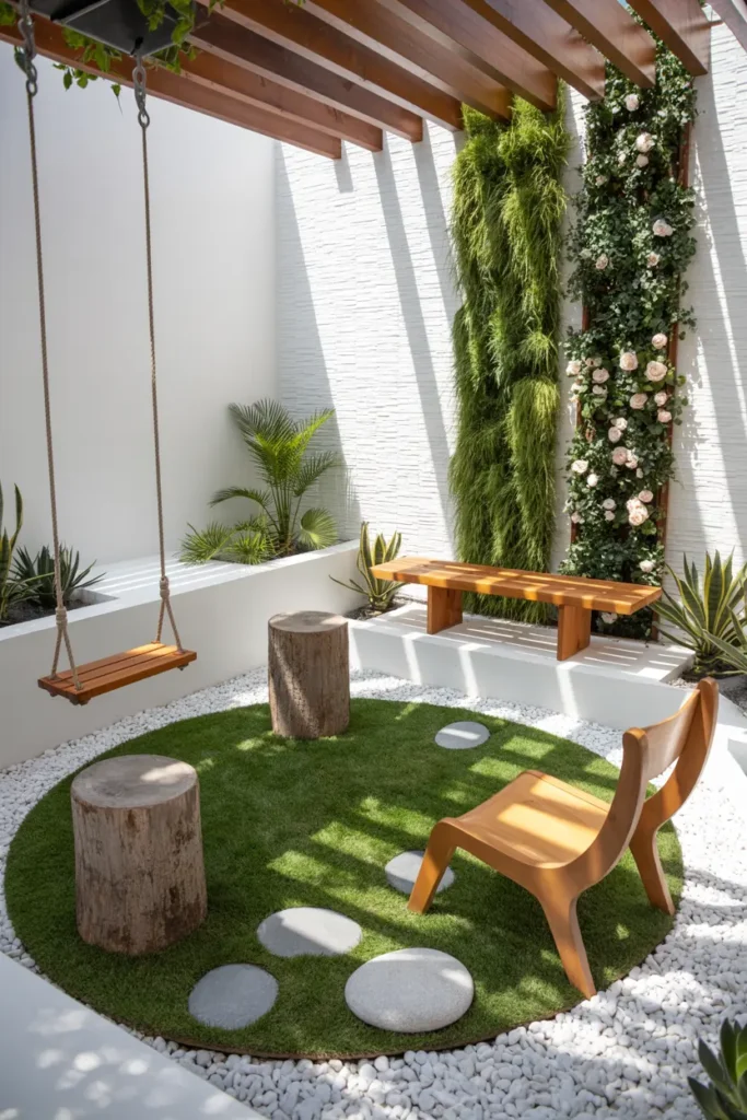 11. Serene Vertical Garden Swing Patio