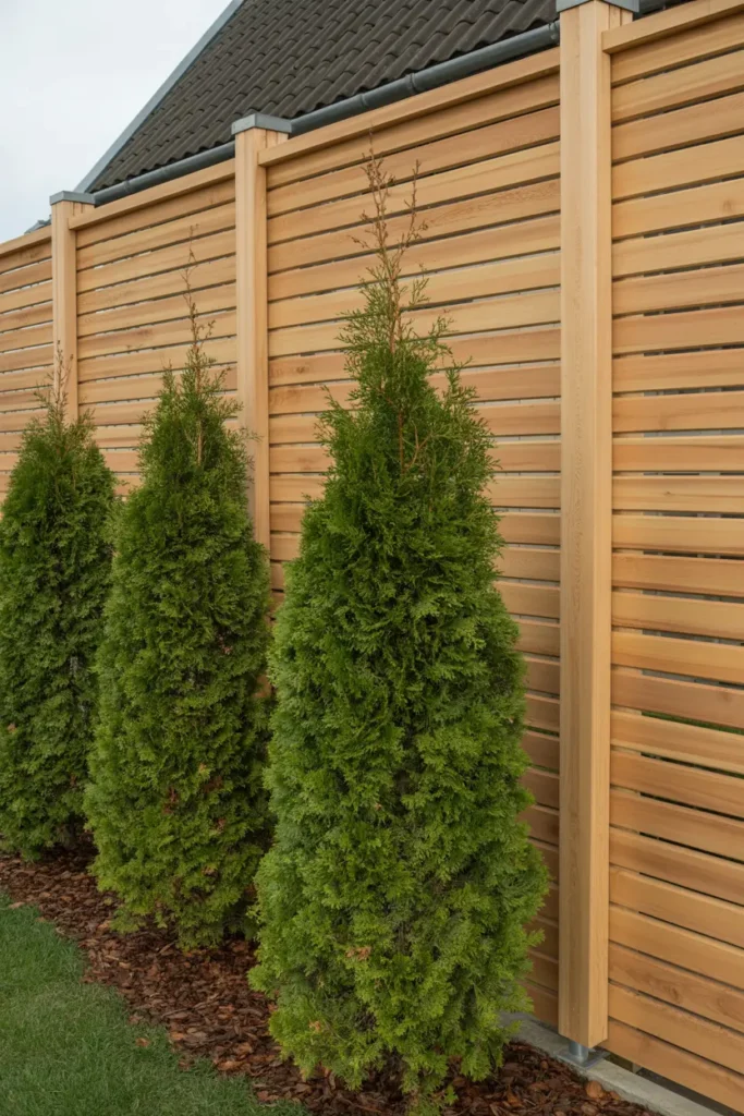 18. Natural Wood Slatted Evergreen Fence
