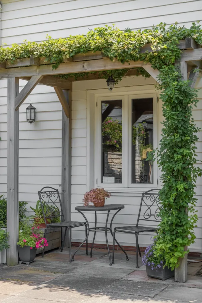 12. Cozy Vine Covered Pergola Seating