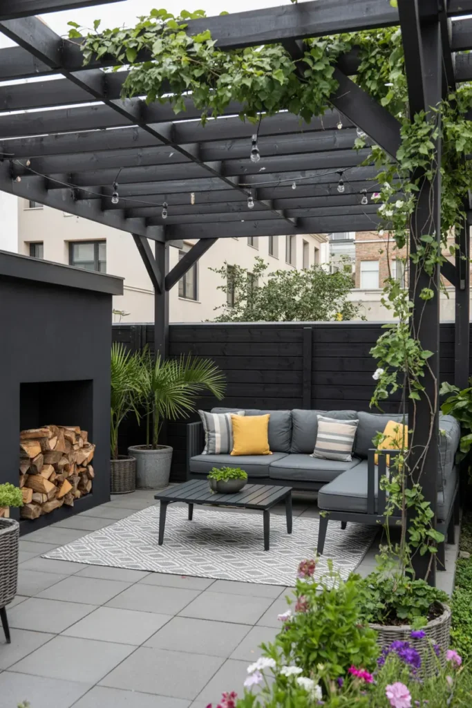 12. Urban Black Pergola Fireplace Lounge