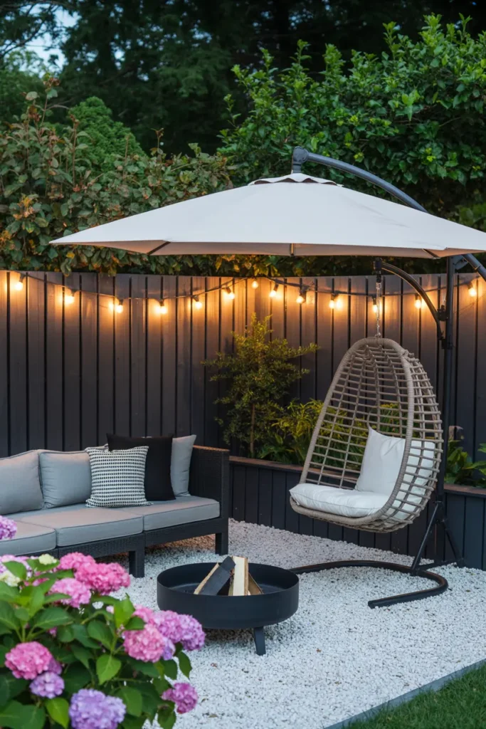 13. Cozy Swing Firepit Garden Nook