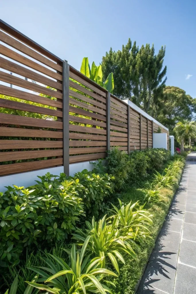 Modern Slatted Fence with Topiaries