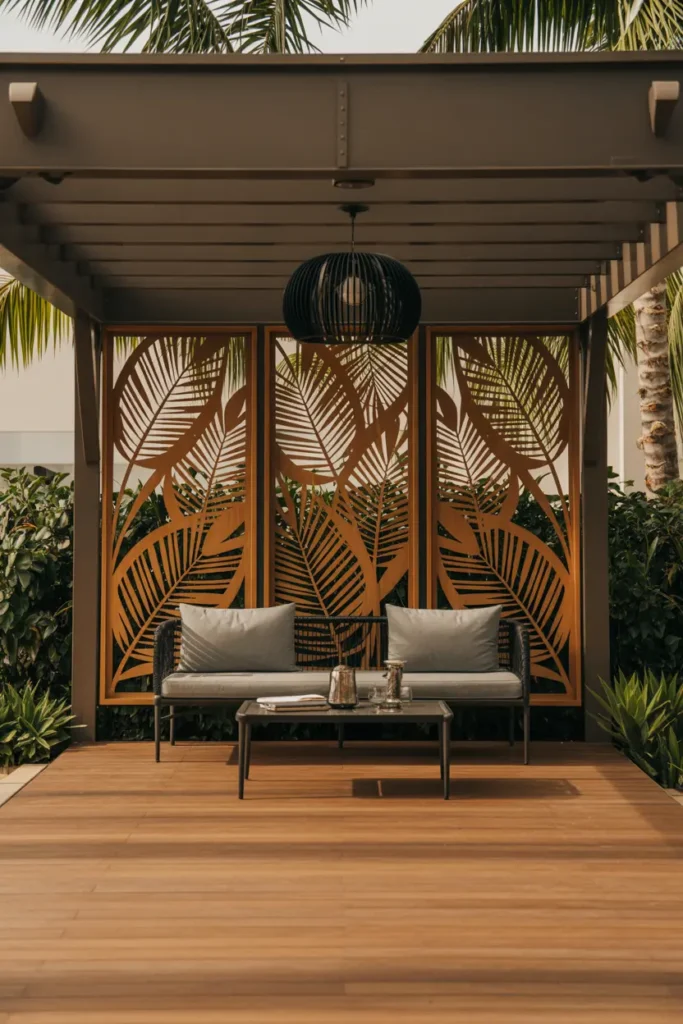 6. Tropical Leaf Privacy Pergola Lounge
