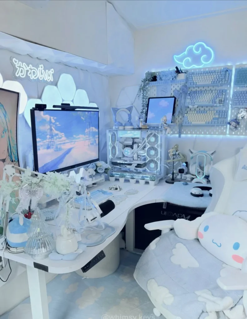 Whimsical Blue Cloud Themed Gaming Setup with Rainbows