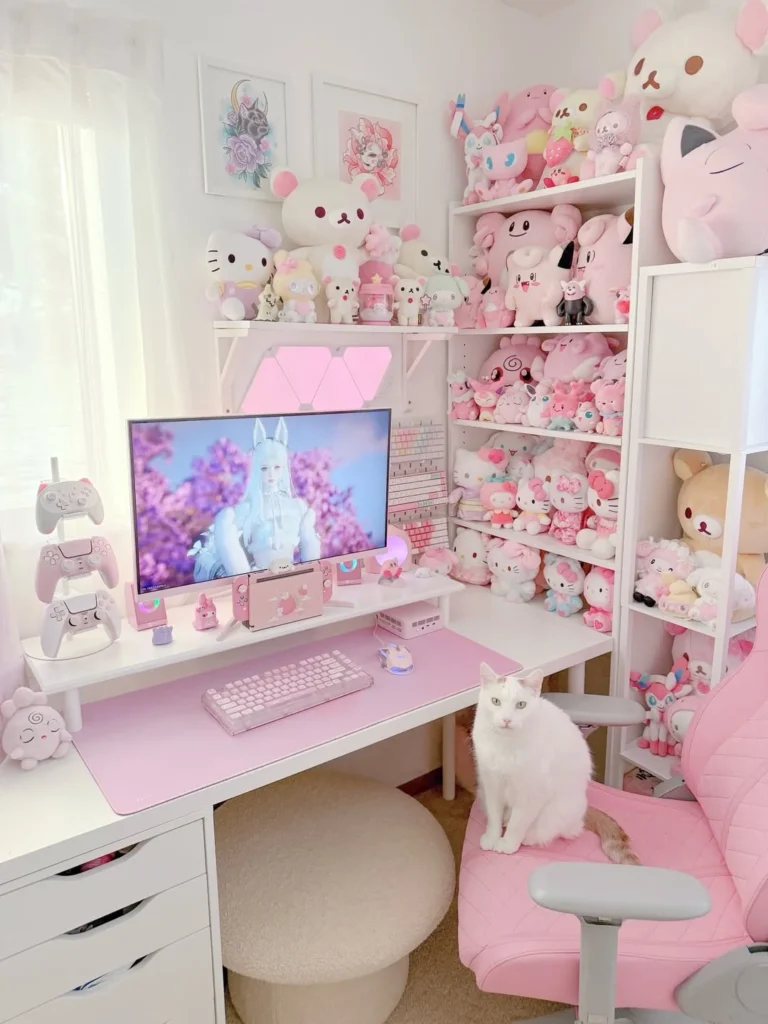 Adorable Pink Kawaii Gaming Desk with Plushies