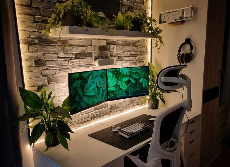 Lush Green Jungle Gaming Desk with Waterfall View