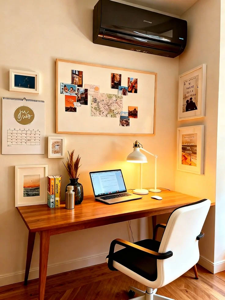 Warm Minimalist Home Office with Plants and Photos