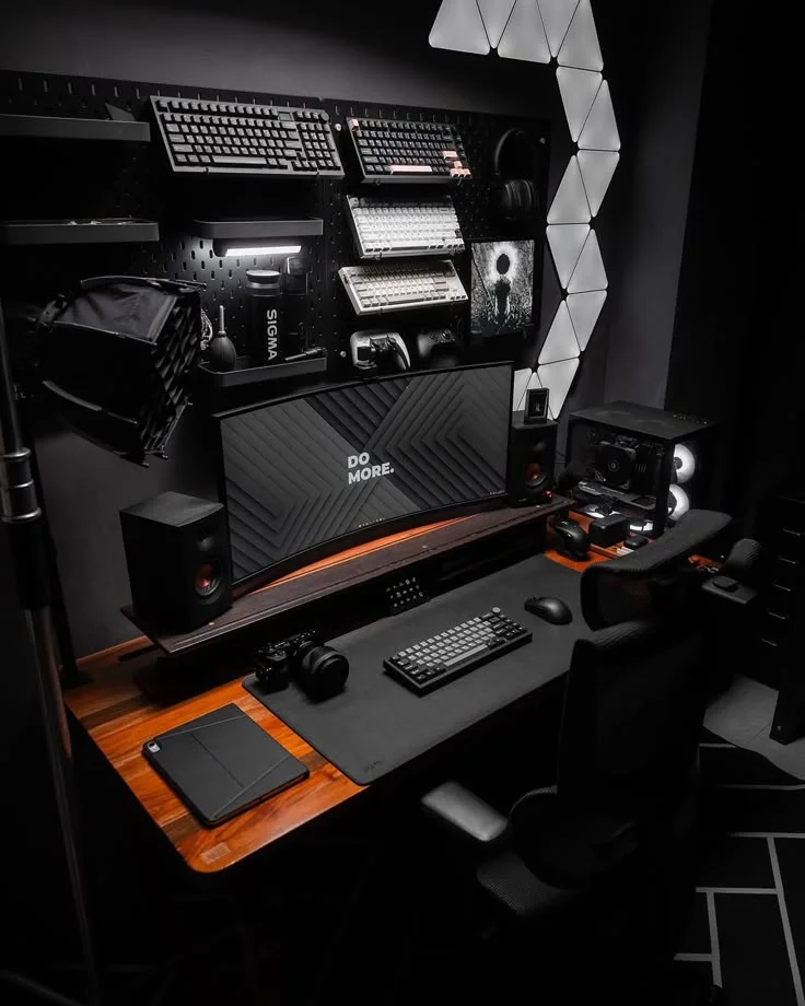 Sleek Black Gaming Desk Setup with Neon Accents