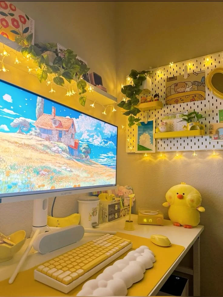 Bright Yellow Modern Desk Setup with Sunflowers