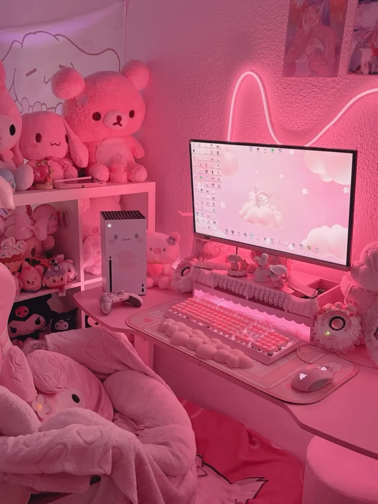 Cute Pink Gaming Setup with Neon Lights