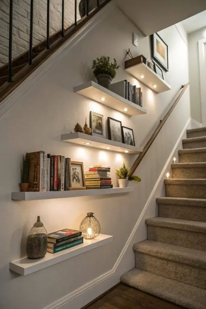 15 Double Height Staircase Wall Design Ideas 35 Floating Shelves on Staircase Wall