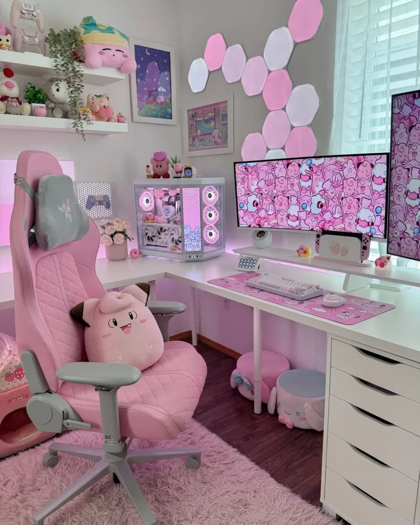 Adorable Pink Kawaii Gaming Setup with Neon