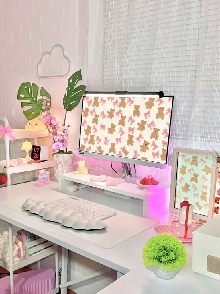 Dreamy Pastel Pink Cozy Desk Setup with Plants