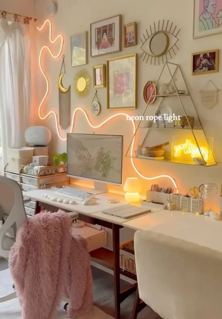 Cozy Pastel Boho Desk Setup with Neon Signs