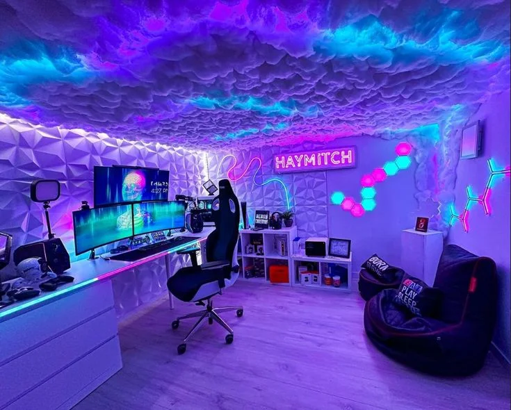 Futuristic Purple Neon Gaming Room Setup with Sofa