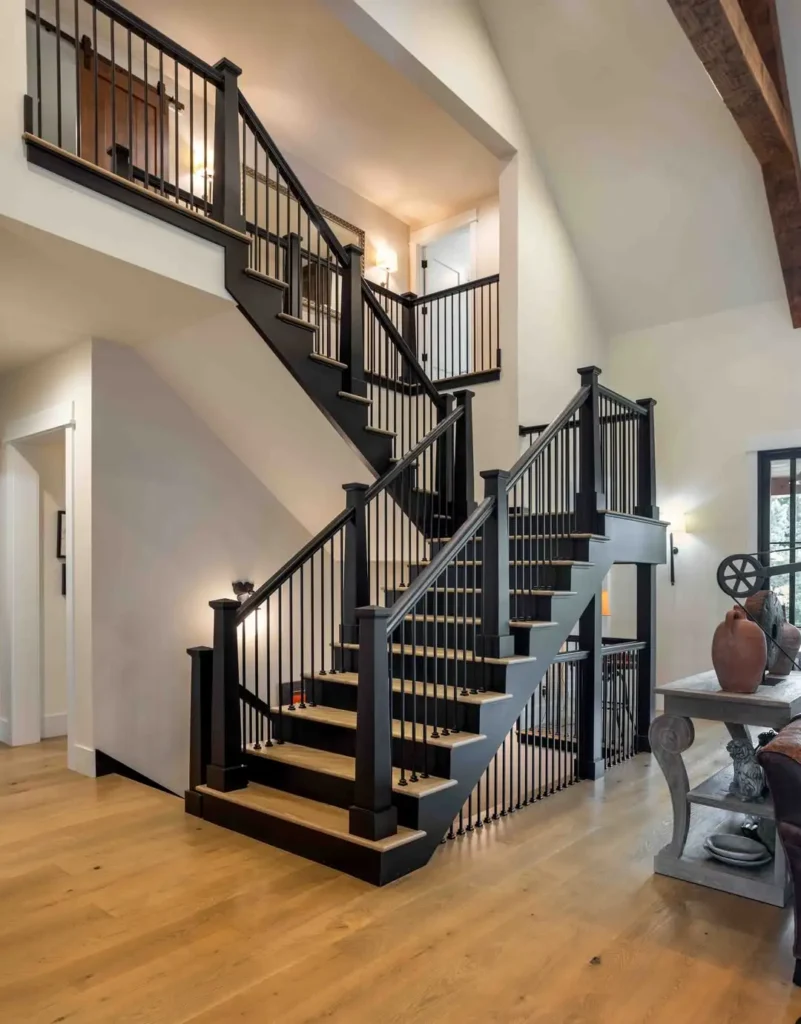 14 Black Staircase Ideas That Elevate Your Home 29 Black Staircase with Wood Treads