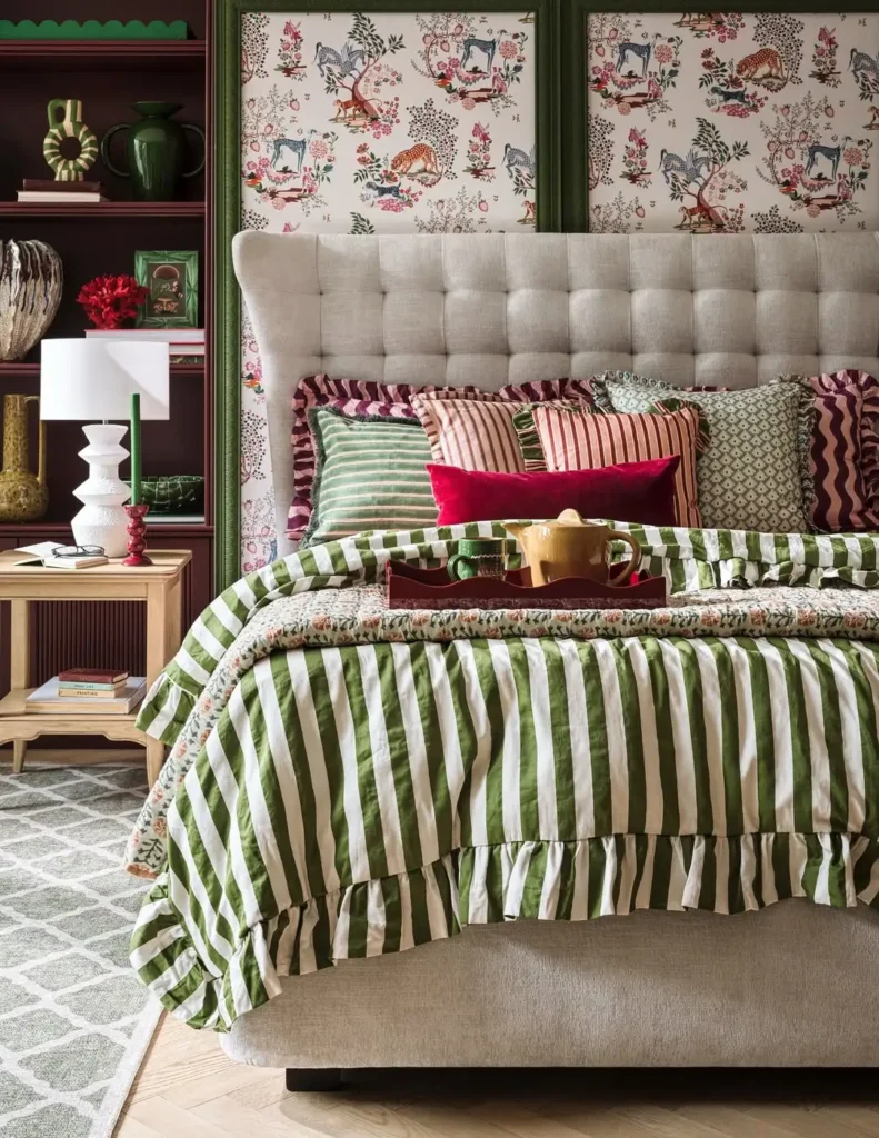 Candy striped bedding styled two ways. Vintage jungle wallpaper or rich burgundy My styling bra