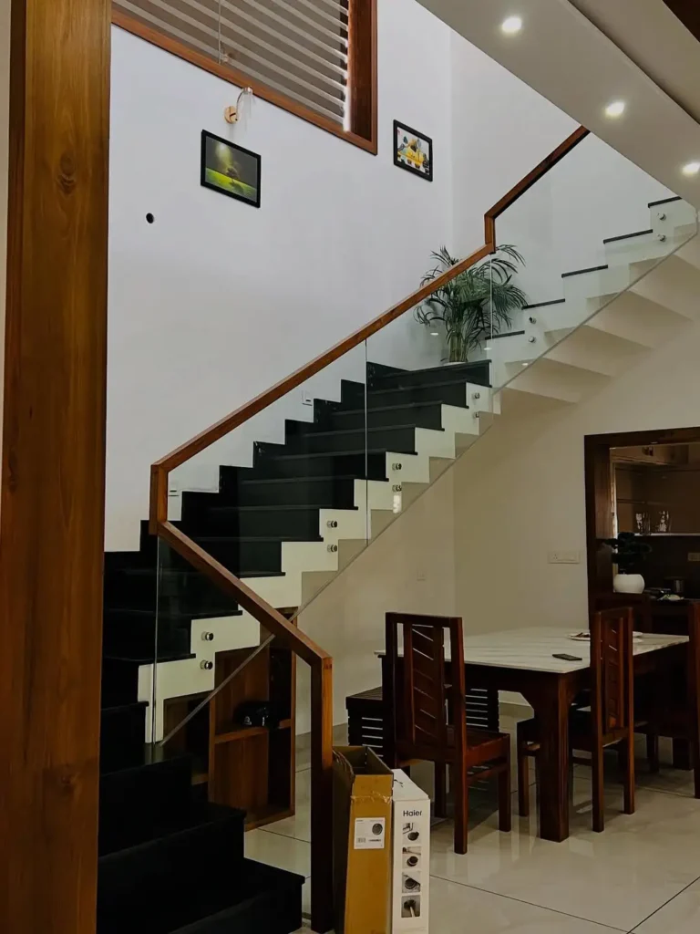 14 Black Staircase Ideas That Elevate Your Home 11 GLASS HANDRAIL 12.mm clear Toughened glasses Teak wooden Rail304 glass Sted .handra 1